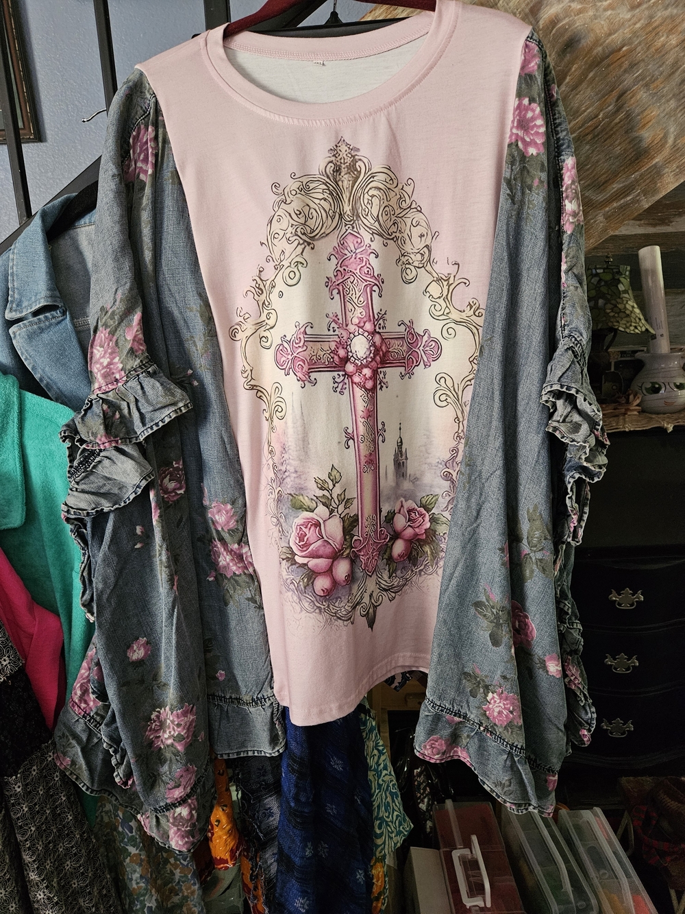 Pink Floral Cross Graphic Tee with Ruffled Floral Kimono Sleeves